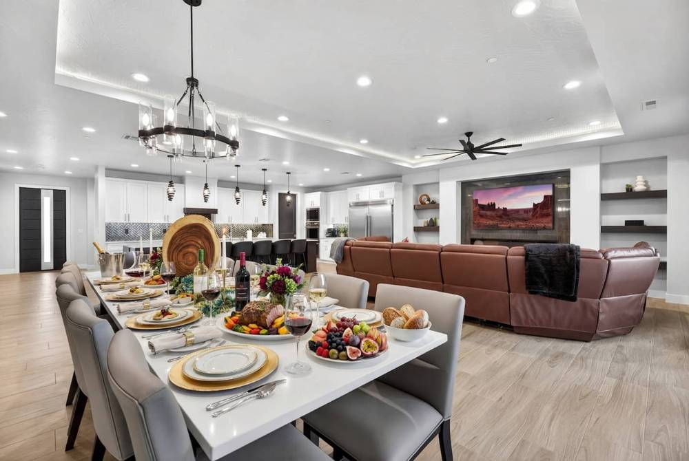 A long farmhouse table for shared meals